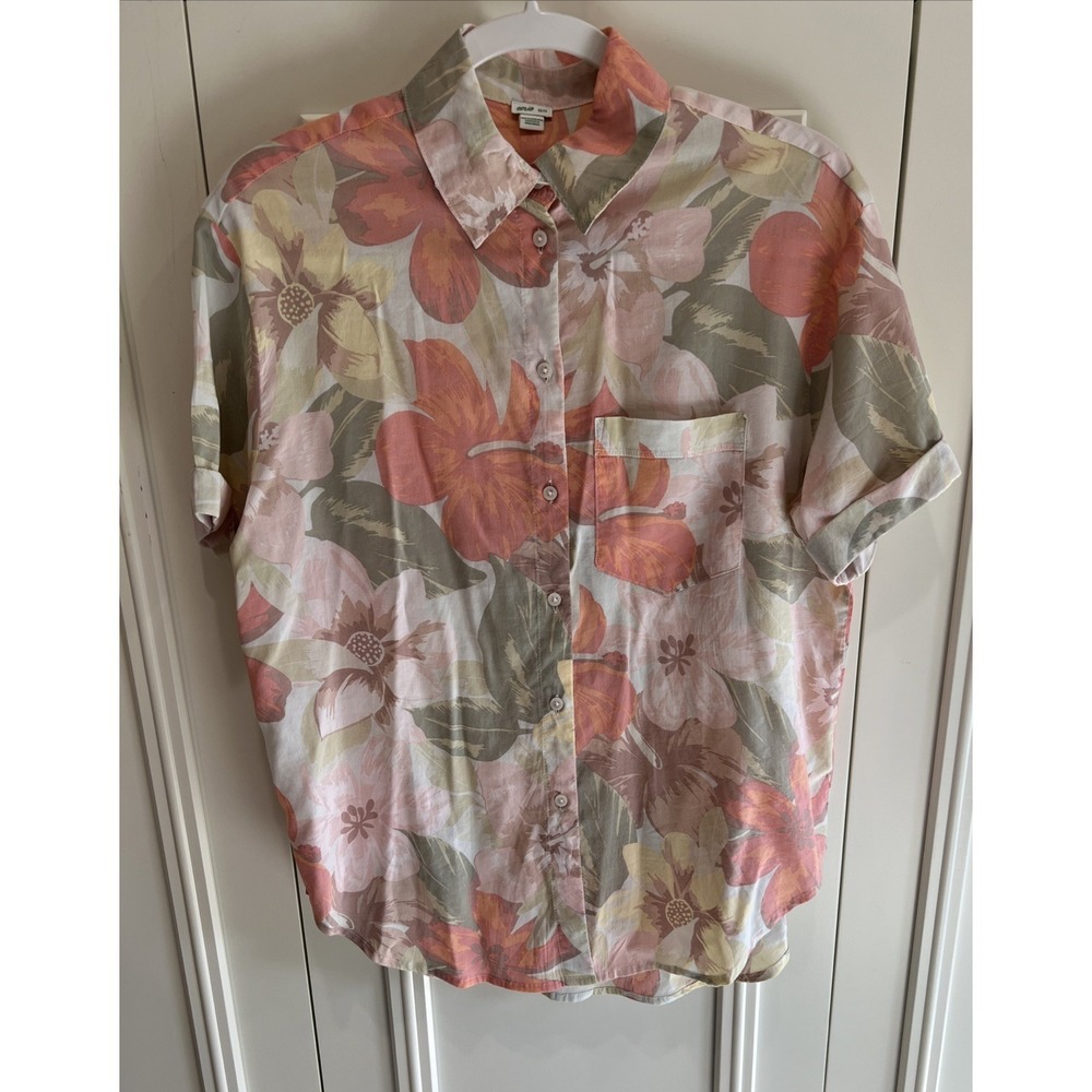 Aerie Hibiscus Pastel Button Front Camp Shirt Oversized Hawaiian‎ Resort Beach